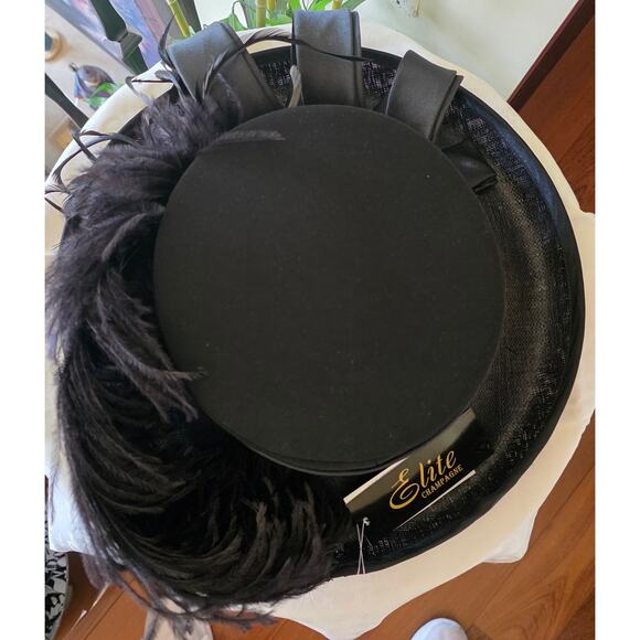 NWT‎ Elite Champagne black sun hat, whimsical ribbon and feathers main image 4